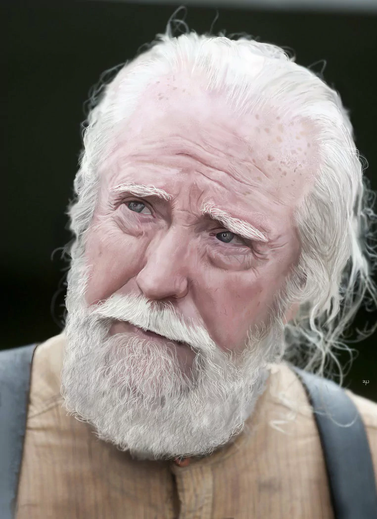 Close-up of an elderly white-haired, bearded man in rustic clothing with a solemn expression — a character from the TV show The Walking Dead.