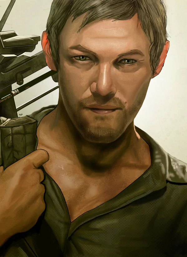 Close-up portrait of a rugged, crossbow-wielding survivor from the TV show The Walking Dead, staring with a steely, determined expression.