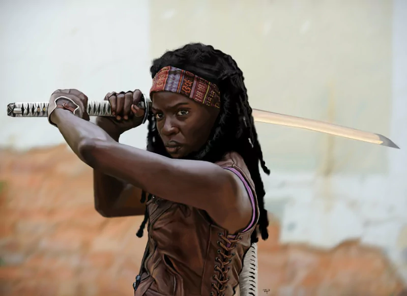 Katana-wielding survivor from The Walking Dead, tense and ready to strike, eyes fixed on an unseen threat.