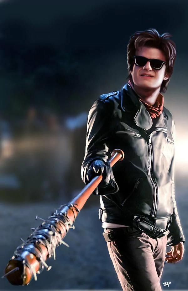 A leather‑jacketed character from the TV show Stranger Things, wearing sunglasses and wielding a barbed baseball bat at night, standing in a confident pose against a blurred suburban backdrop.