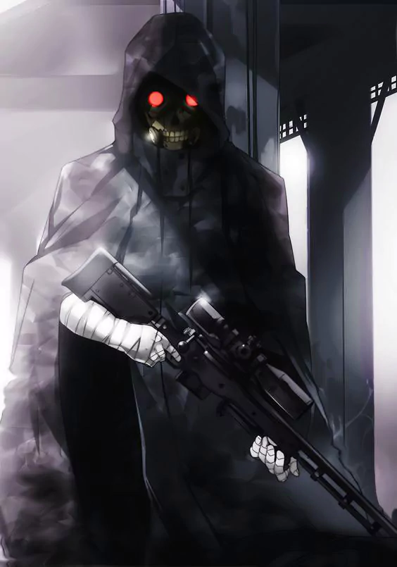 Death Gun from Sword Art Online II, depicted as a hooded figure with glowing red eyes and a skull face, holding a sniper rifle in a smoky, dark setting.