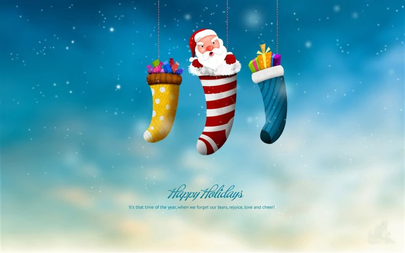Three festive stockings hang with a cheerful Santa in a striped one, surrounded by colorful gifts, celebrating the joy of the holiday season. Happy Holidays!