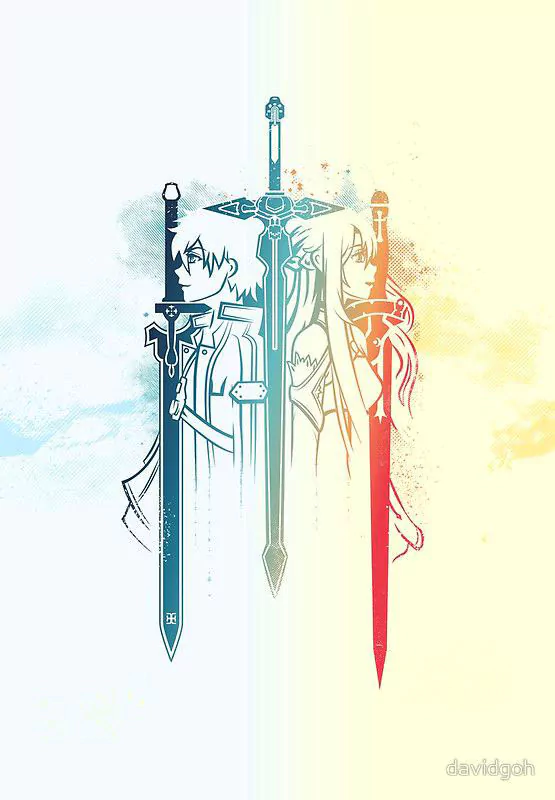 An artistic depiction of characters from Sword Art Online, positioned back to back, surrounded by blue and red swords, showcasing a blend of action and anime style.