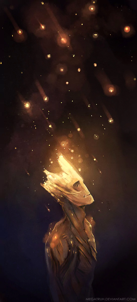 A stylized illustration of Groot from *Guardians of the Galaxy*, gazing upward as shimmering lights and stars fall around him, creating a magical and ethereal atmosphere.