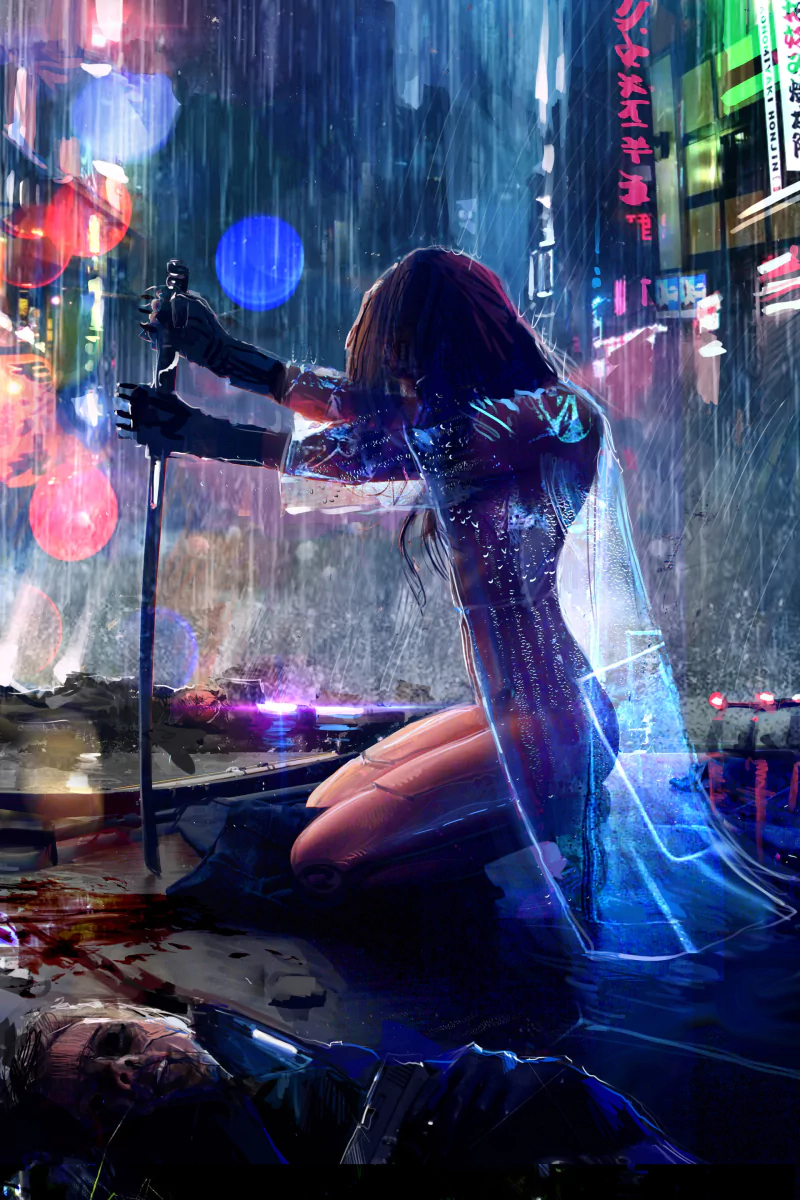 In a rain-soaked cyberpunk cityscape, a figure kneels gripping a katana, illuminated by neon lights and futuristic sci-fi elements.