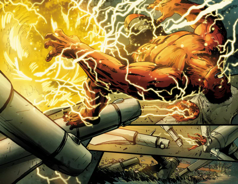 Red Hulk unleashes powerful energy in this dynamic comic scene, surrounded by scattered debris and electric sparks, showcasing his immense strength and fury.