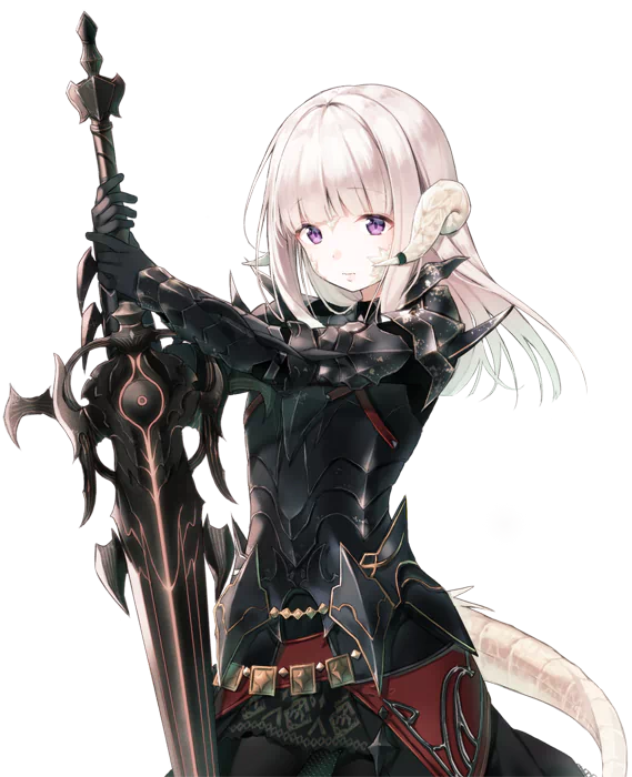 White-haired, horned Dark Knight from the video game Final Fantasy XIV with purple eyes, clad in black armor and wielding an ornate greatsword.