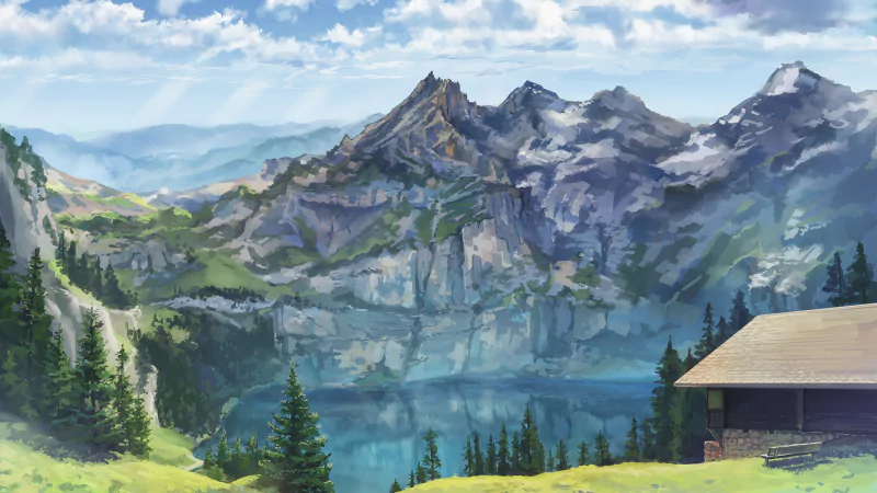 A serene anime-style countryside scene featuring a mountain landscape, a calm lake reflecting the sky and clouds, and a cozy building beside a grassy area with tall trees.