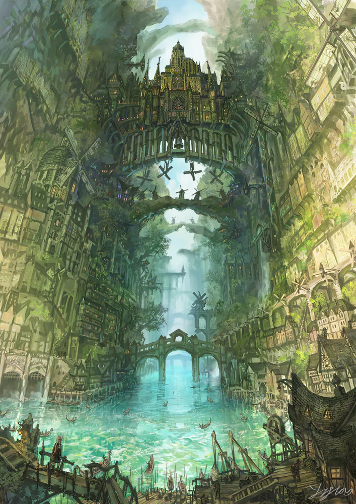 An anime city with towering architecture features bridges and arches spanning over water, dotted with boats and a prominent windmill high above.