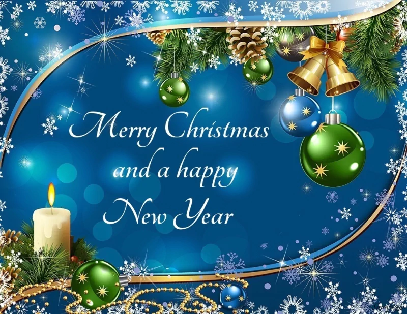 Festive holiday scene with green baubles, snowflake patterns, a lit candle, pine branches, golden bells, and the greeting Merry Christmas and a happy New Year on a blue background.