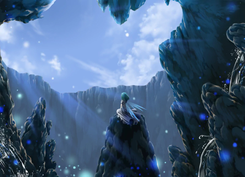 Anime-style original artwork featuring a character with short hair sitting on a rocky peak, surrounded by towering cliffs under a bright blue sky.
