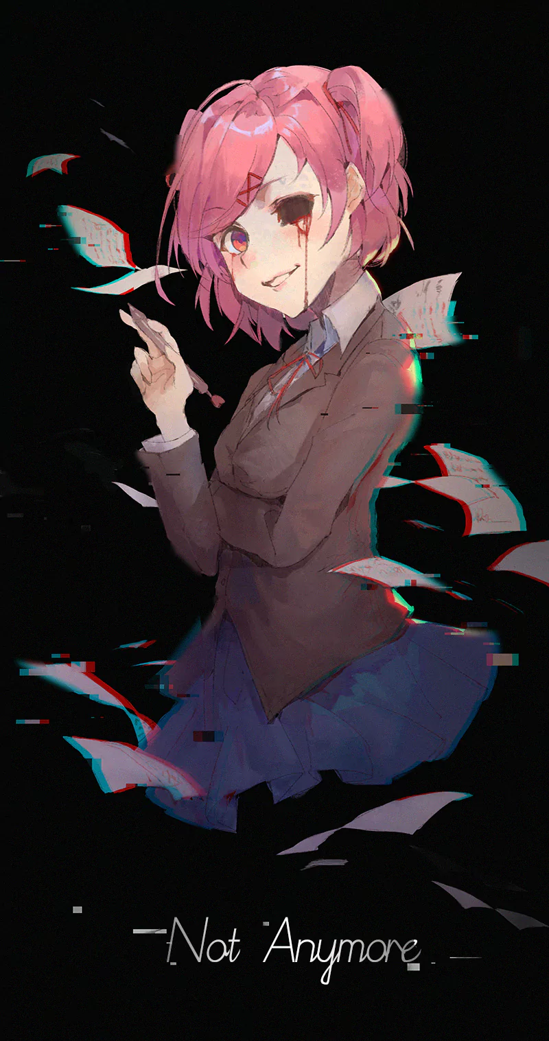 Natsuki from the video game Doki Doki Literature Club! is shown with a glitchy effect, smiling eerily as sheets of paper float around her against a dark background.