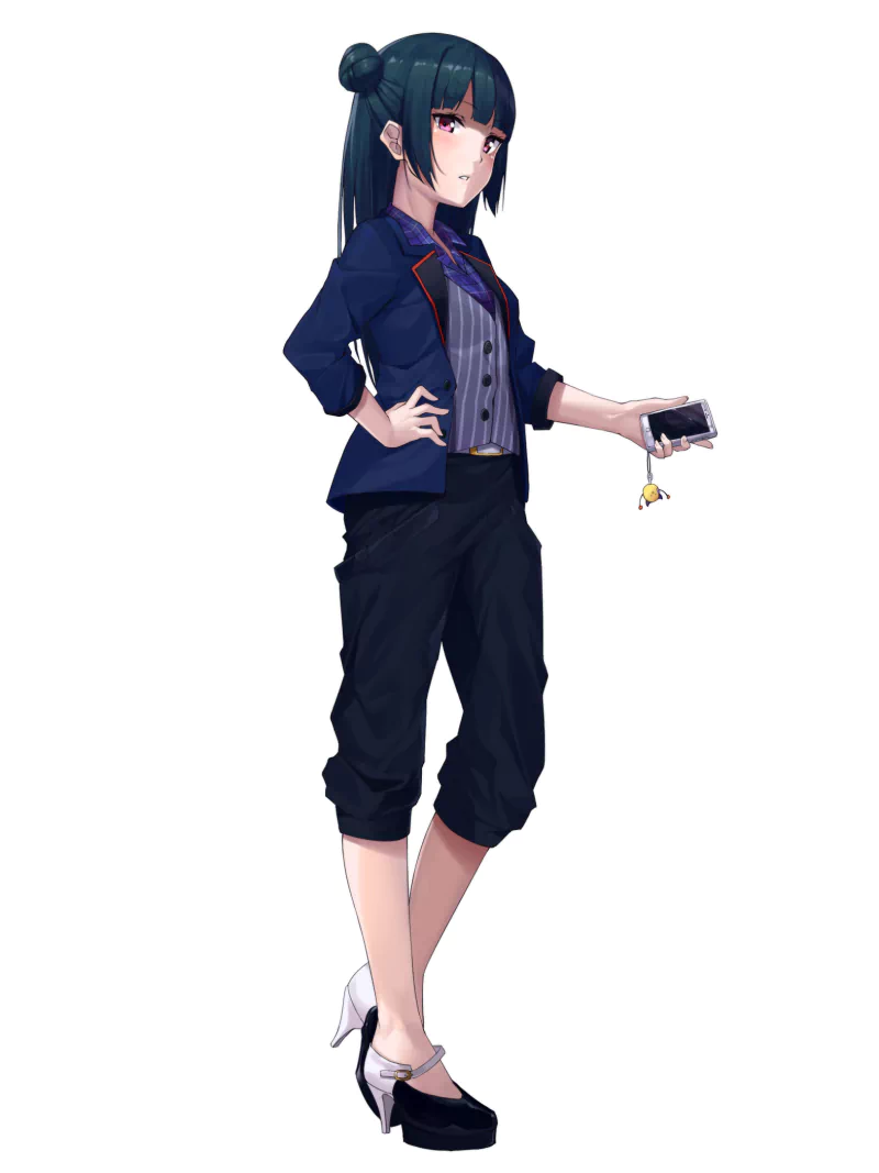 Yoshiko Tsushima from Love Live! Sunshine!! stands confidently with long dark hair, red eyes, dressed in a stylish outfit, holding a phone in her hand.