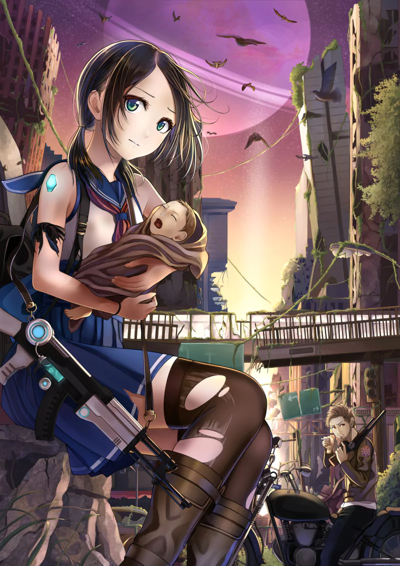 Anime warrior girl with a gun cradles a baby in a post-apocalyptic cityscape as bats fly under a glowing purple sky.