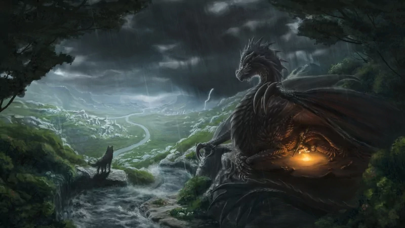 A fantasy scene of a large dragon perched on a cliffside overlooking a winding river and a wolf howling under a stormy, cloud-filled sky.