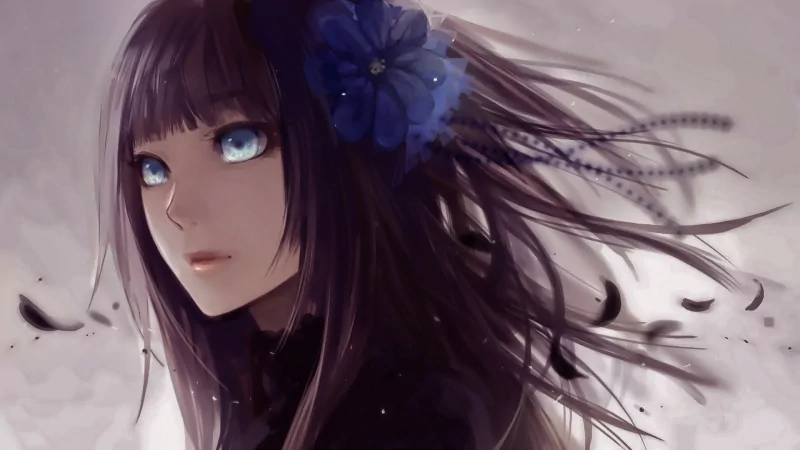 A stunning anime girl with long dark hair adorned with a blue flower gazes into the distance, her striking blue eyes capturing a sense of wonder amidst a softly blurred background.