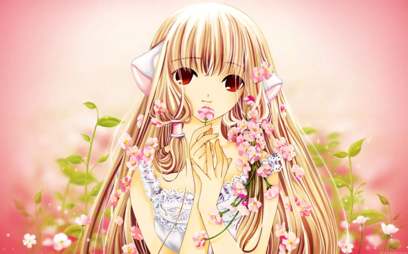 Chobits anime-style portrait of Chii: long platinum-blonde hair with ear-like hairpieces, red eyes, wearing lace white dress, surrounded by pink blossoms and vines against a soft pink background.