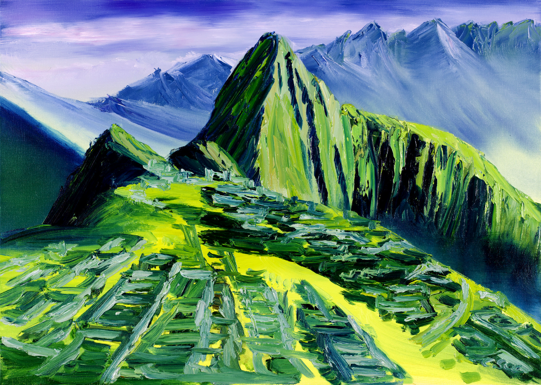Machu Picchu oil painting in violet, Peru by Christian Seebauer
