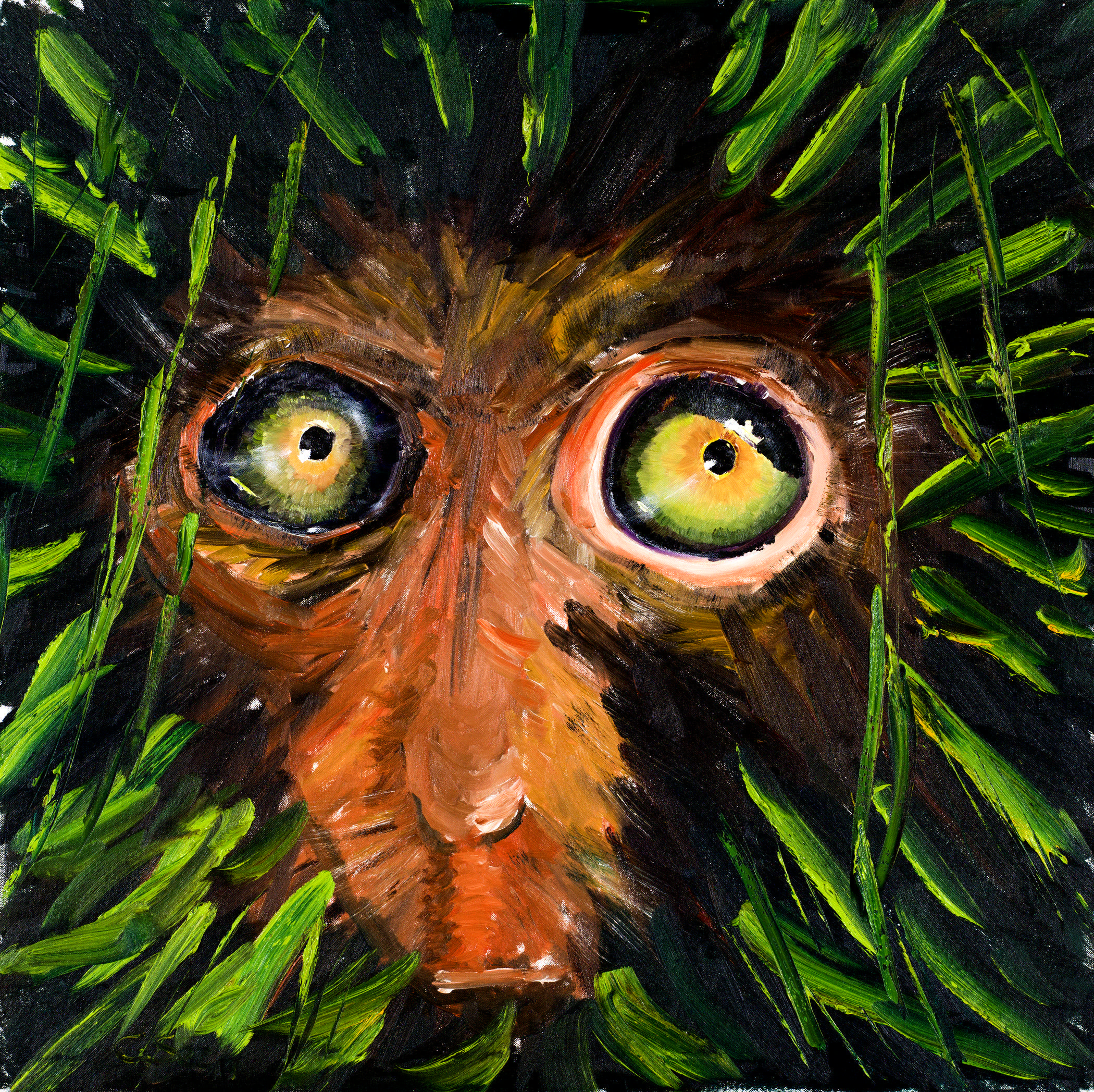 Monkey in the rainforest is watching us. Oil painting in green by Christian Seebauer