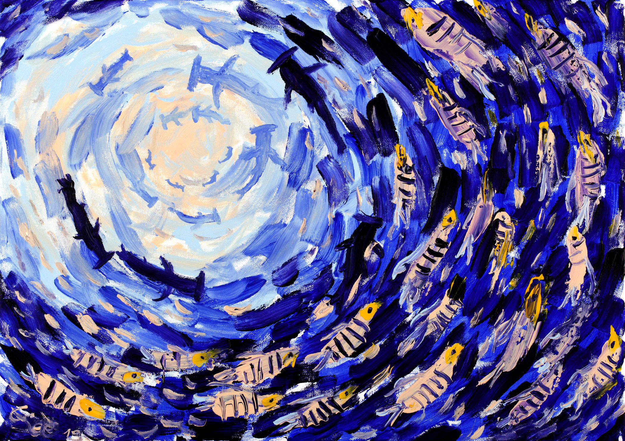 Circling school of fish, oil painting by Christian Seebauer