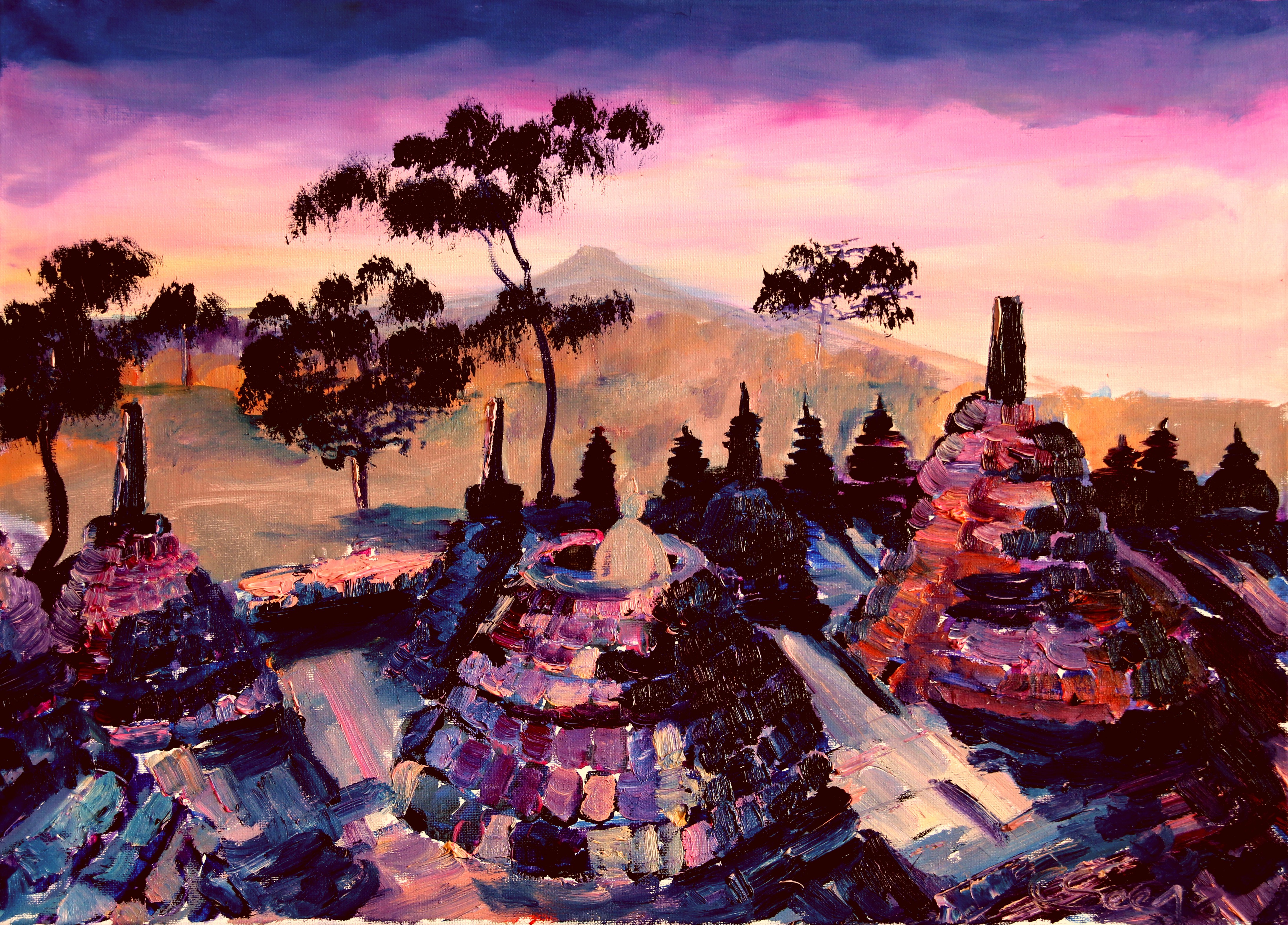 Borobudur Oil Painting, Java, Indonesia by Christian Seebauer