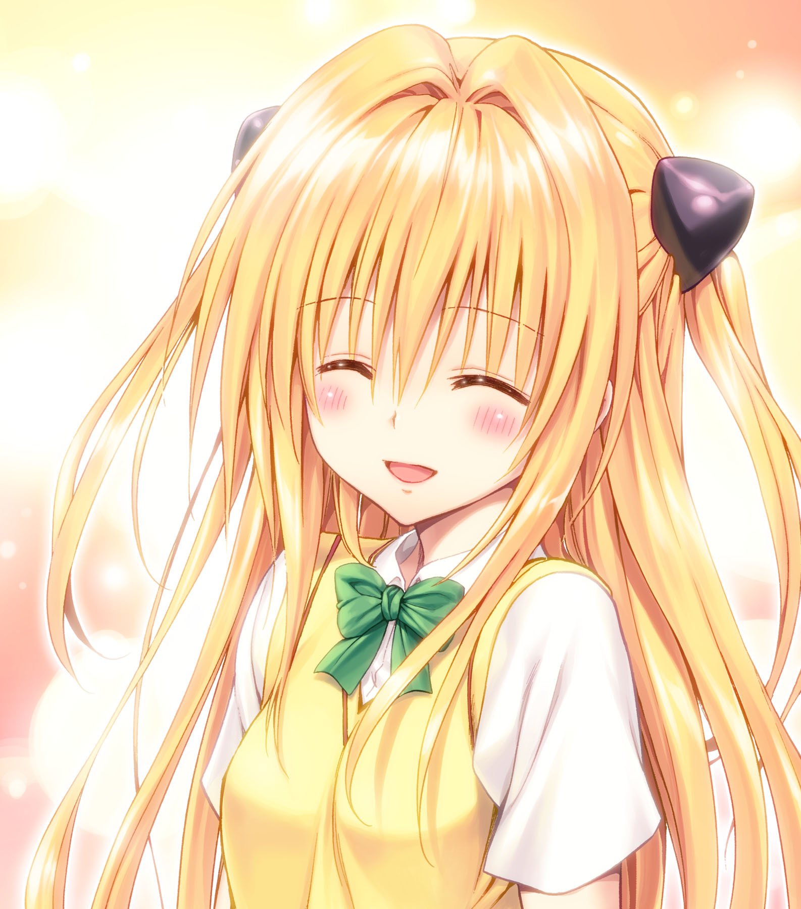 Golden Darkness from To Love-Ru smiling with closed eyes, long golden twin-tail hair, yellow school vest and green bow, warm glowing background.