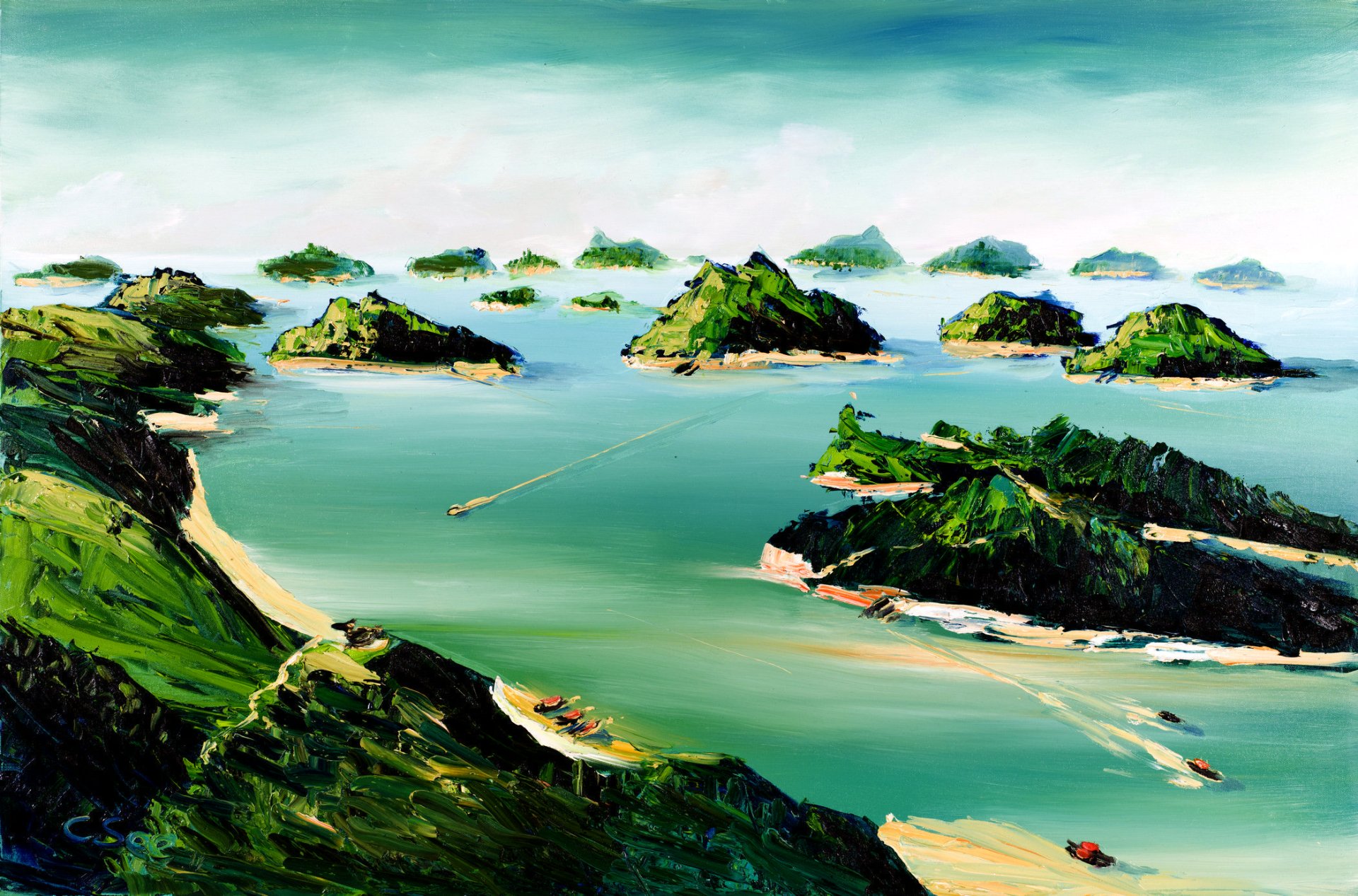 Artistic oil painting of Phuket islands: lush green islets, turquoise sea, sandy bays and boats seen from a verdant hillside.