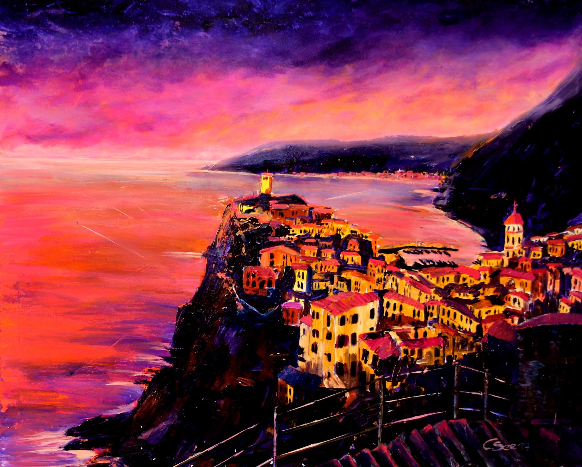 Download Italy Cinque Terre Manarola Vernazza Artistic Oil Painting Art