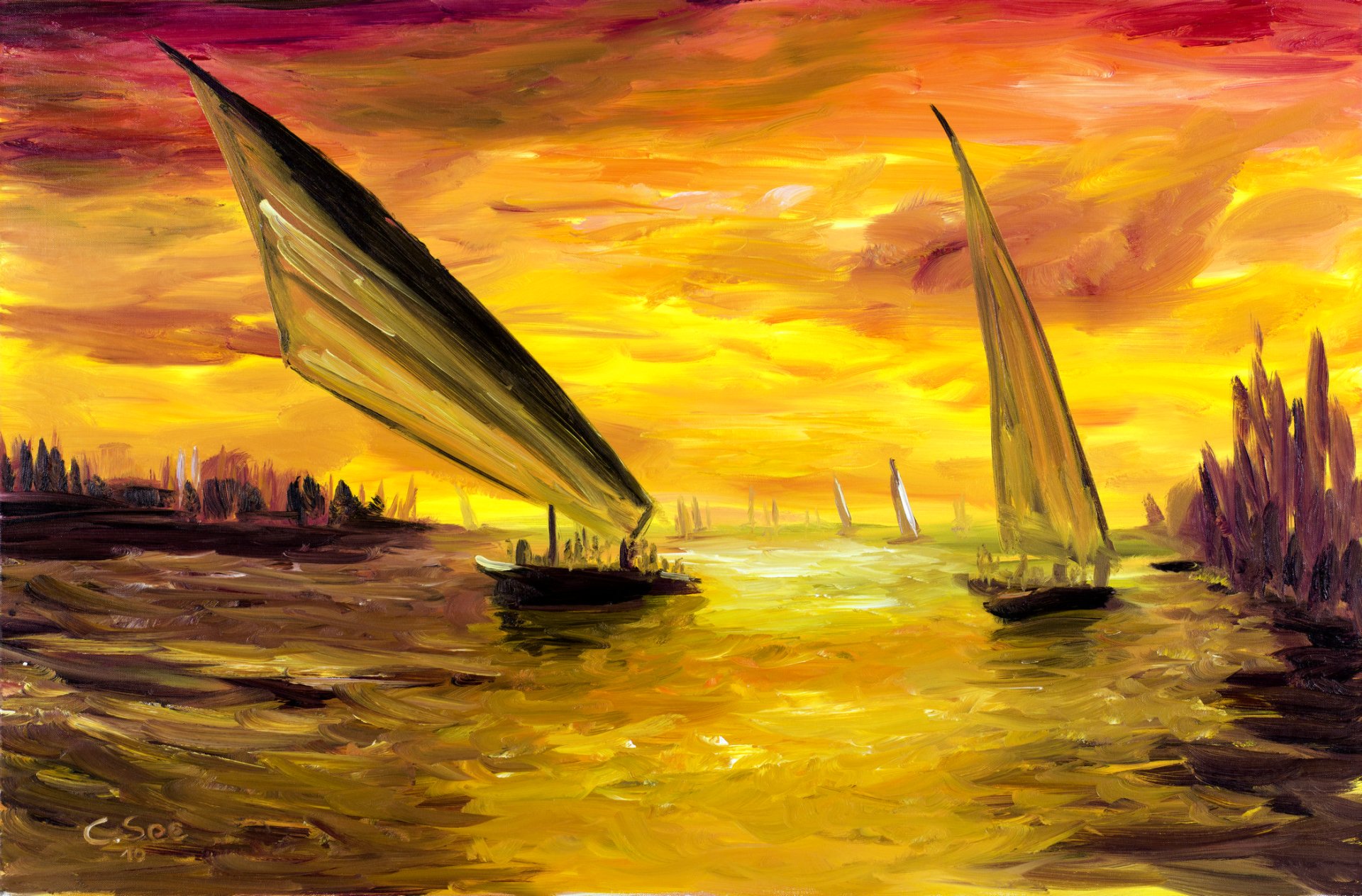 Download Sailboat Sunset Nile Artistic Oil Painting Art