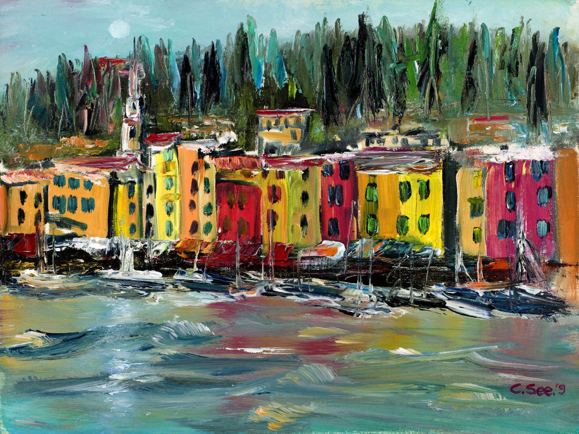 Download Cinque Terre Italy Bay Harbor Portofino Artistic Oil Painting Art