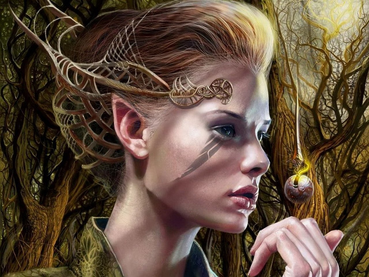 A captivating elf with intricate head adornments gazes thoughtfully, set against a mystical forest backdrop filled with twisting trees and ethereal light.