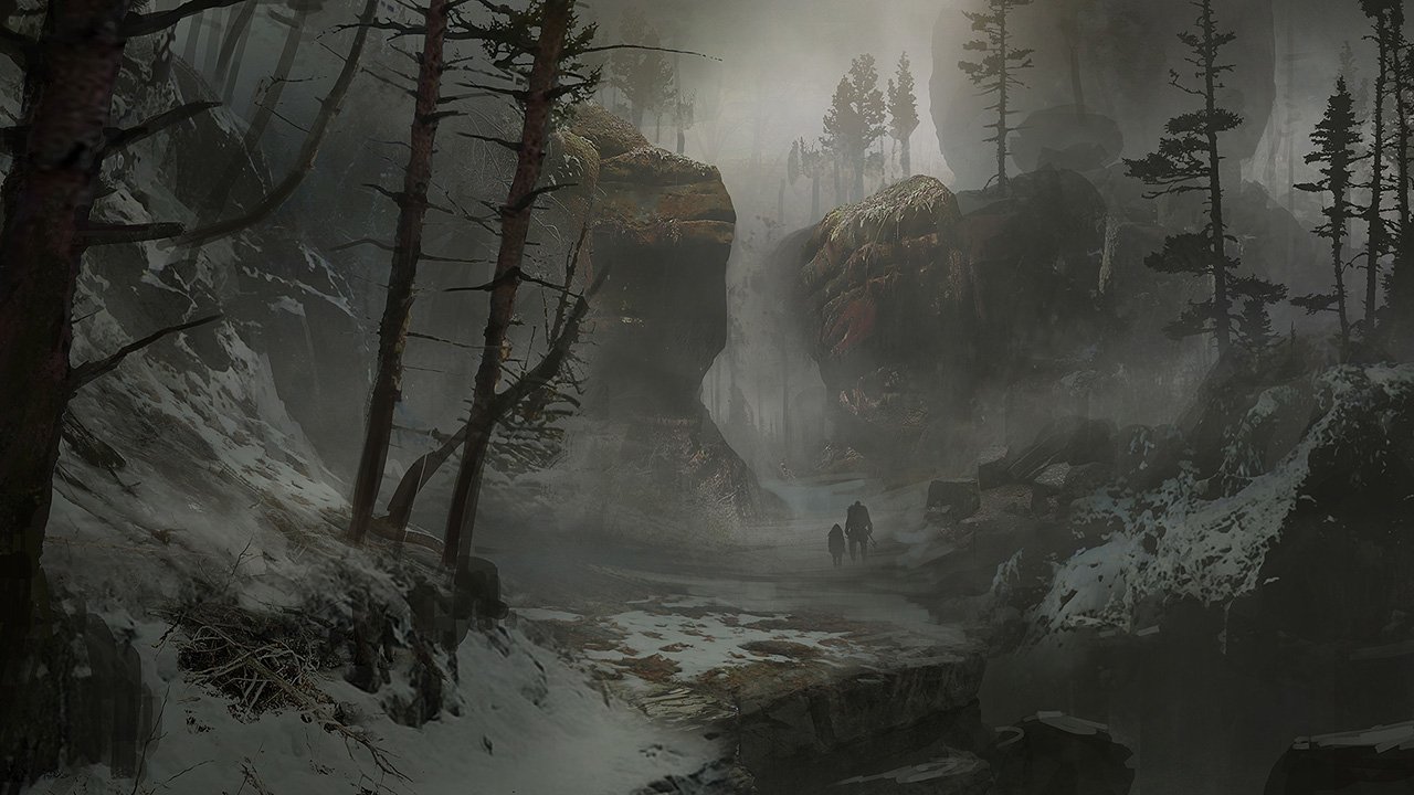 Misty, snowy Norse ravine with towering boulders and two figures approaching a distant waterfall — from the video game God of War (2018).