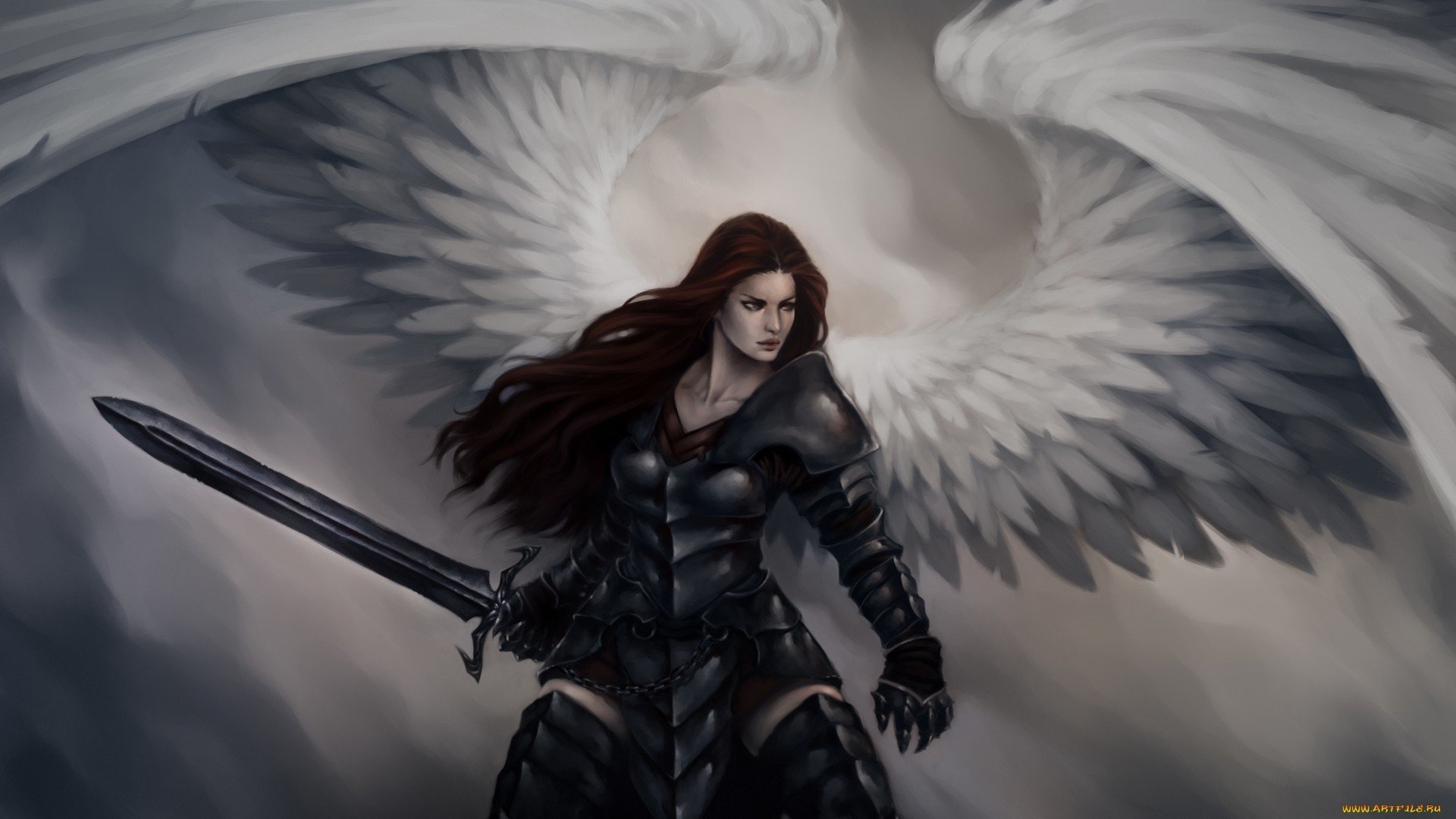 A fierce angel warrior stands ready for battle, clad in dark armor with flowing hair and sheathed sword, large wings extending majestically behind her against a stormy backdrop.