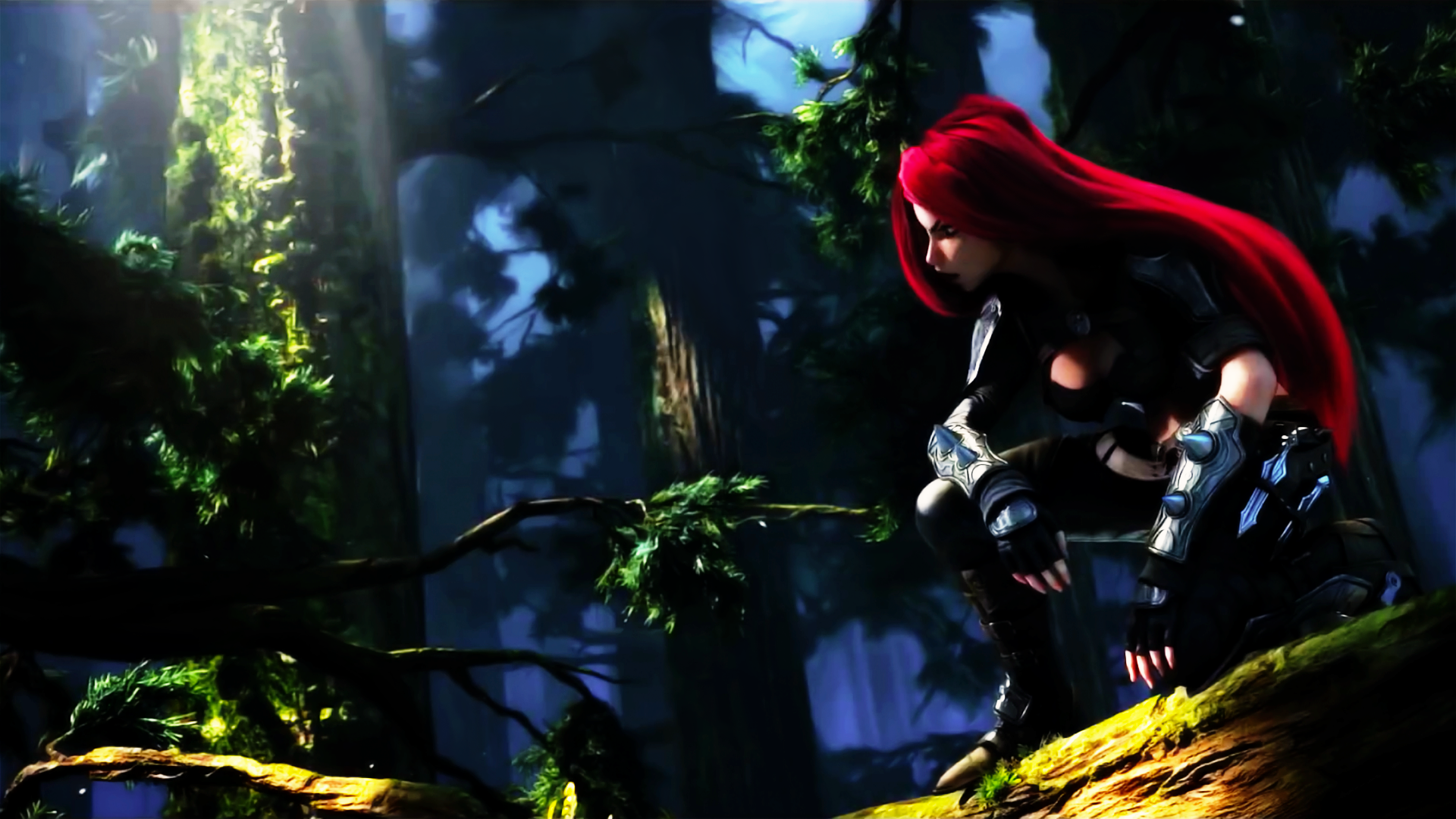 Katarina, a red-haired assassin from League of Legends, crouches on a mossy log among towering trees in a dim, shadowy forest.