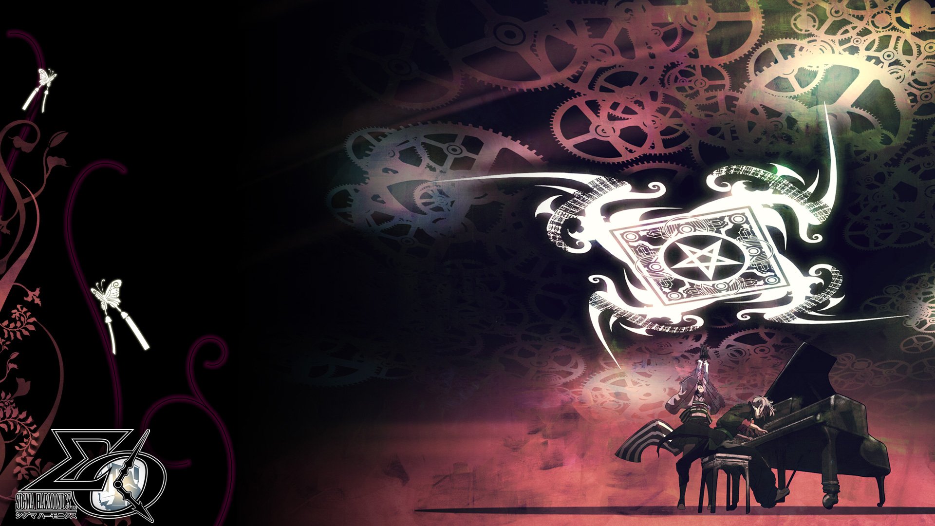 Dark anime scene from Sigma Harmonics featuring a mysterious character playing a grand piano under intricate glowing symbols and swirling mechanical gears.