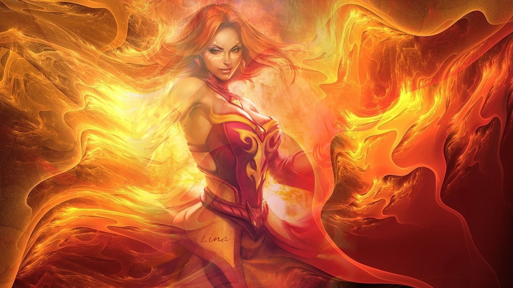 Lina from DotA 2 stands confidently amid swirling flames, showcasing her fiery powers as a formidable character in the popular video game.