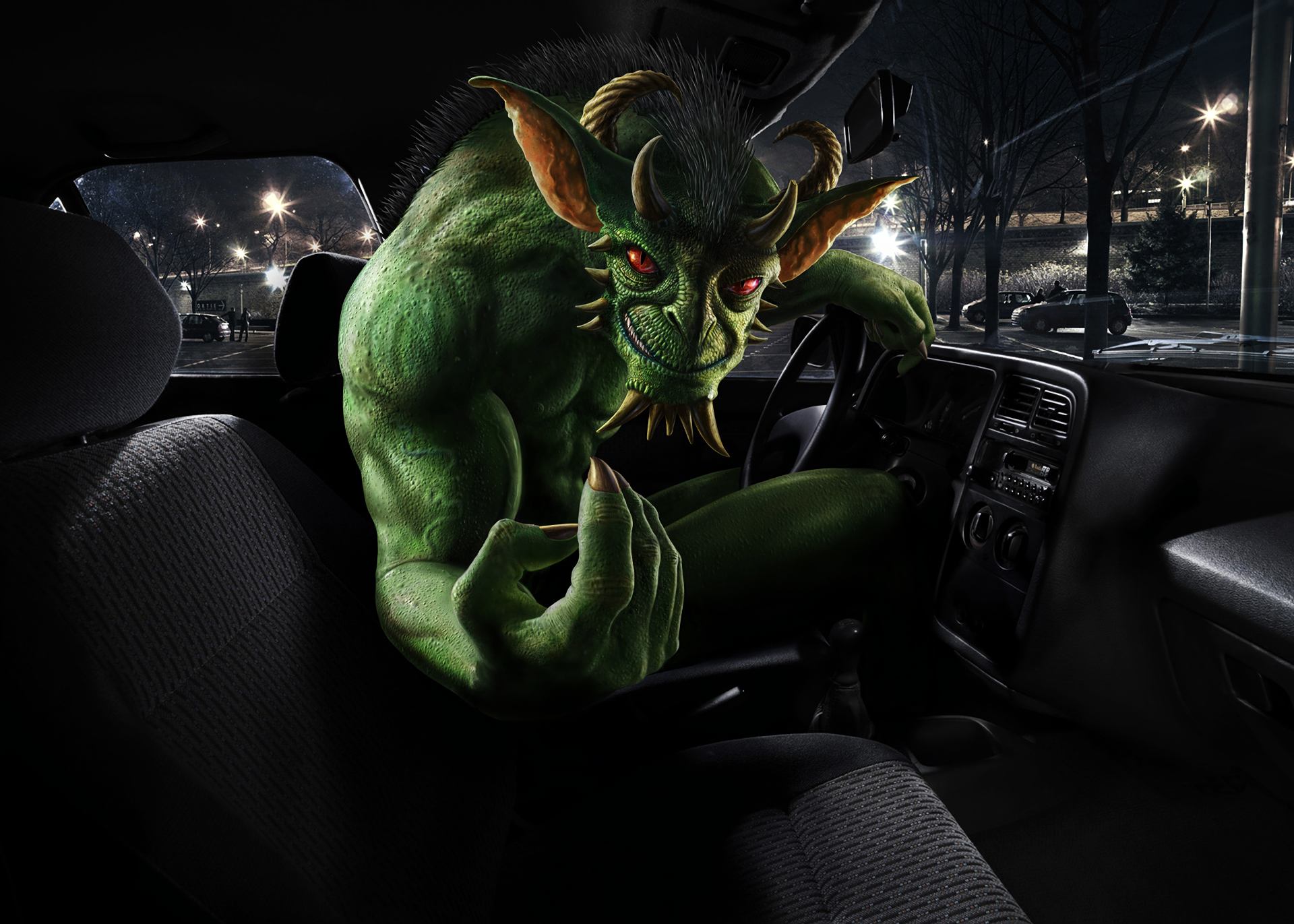 A green, horned fantasy creature with red eyes and claws leans into a parked car at night — a dark fantasy monster filling the vehicle's interior.