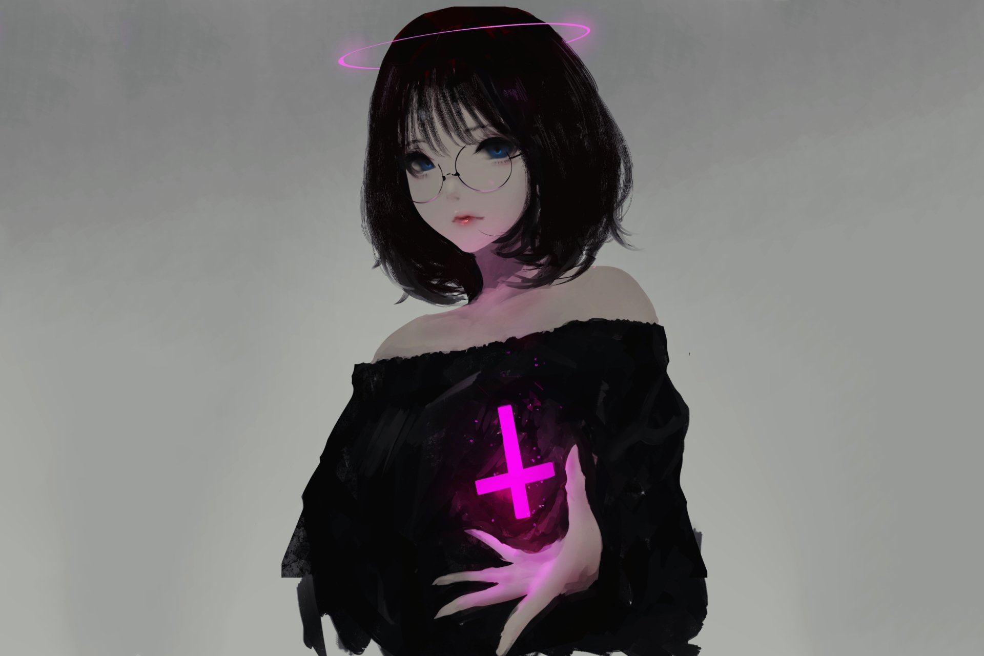 Anime girl with short black hair and glasses, blue eyes, wearing an off-shoulder black dress, conjuring pink magic shaped like a glowing cross above her palm.