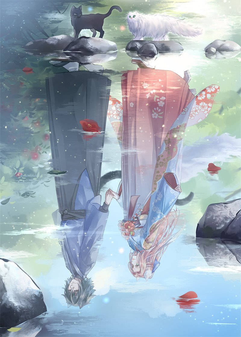 Sasuke Uchiha and Sakura Haruno stand by a serene lake, reflected in the water, with a cat girl and playful cats nearby, surrounded by stones and petals, capturing a tranquil anime moment.