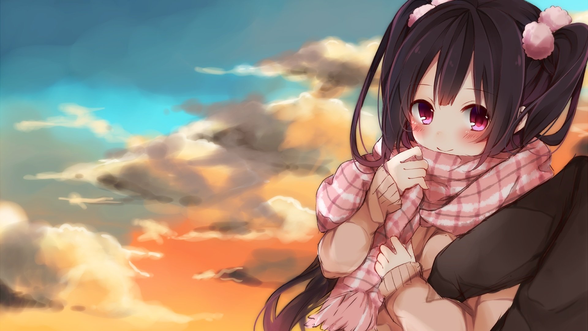 Download Scarf Cute Pink Eyes Black Hair Long Hair Anime Original Cute Anime Art
