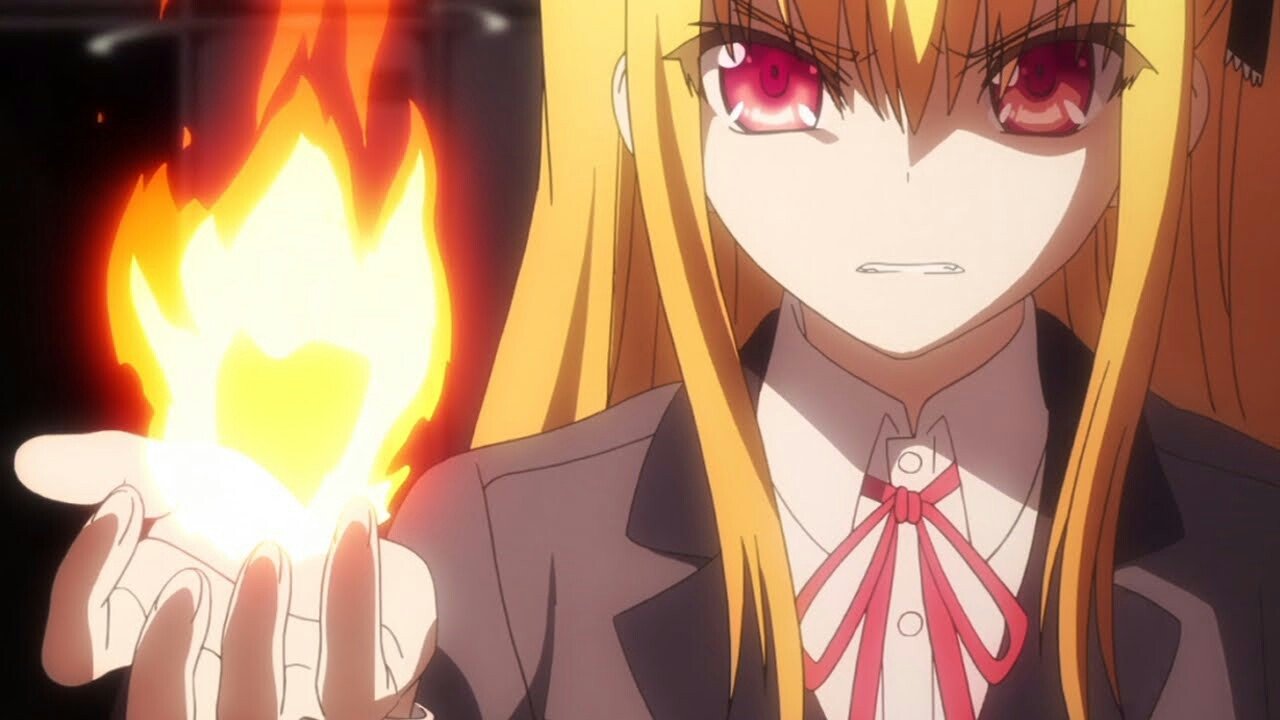 Anime depiction of Misa Kurobane from Charlotte — stern blonde in a school uniform, red eyes, holding a bright flame in her palm.
