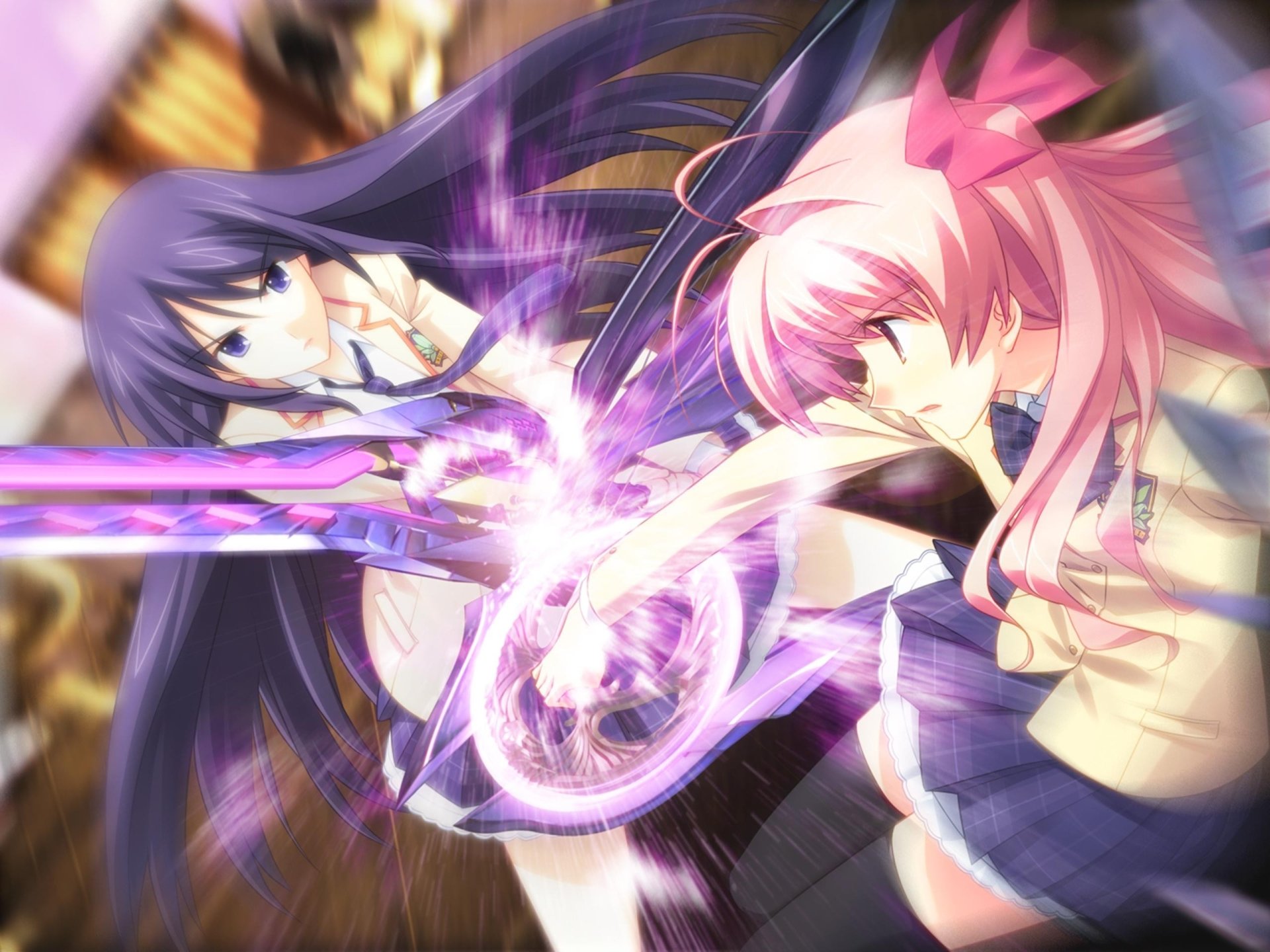 Rimi Sakihata and Aoi Sena (Chaos;Head) clash in a dynamic anime scene, exchanging swirling purple psychic energy amid dramatic motion blur.
