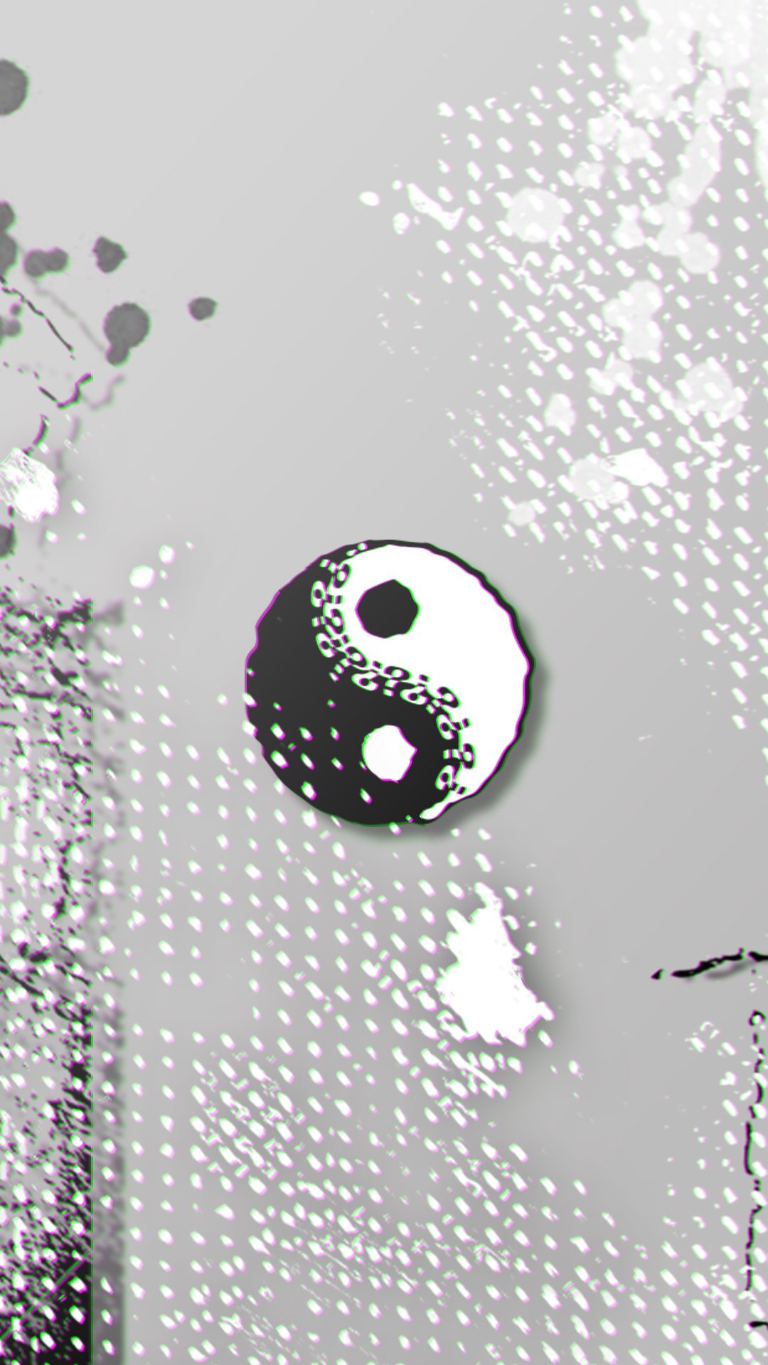 A stylized Yin & Yang symbol is centered in the image, representing balance and duality, set against a textured, abstract background with splashes of gray and white.
