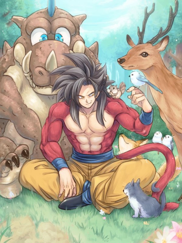 Super Saiyan 4 Goku from Dragon Ball GT sits peacefully surrounded by friendly forest animals, including a large beast, deer, birds, and a cat in a serene outdoor setting.