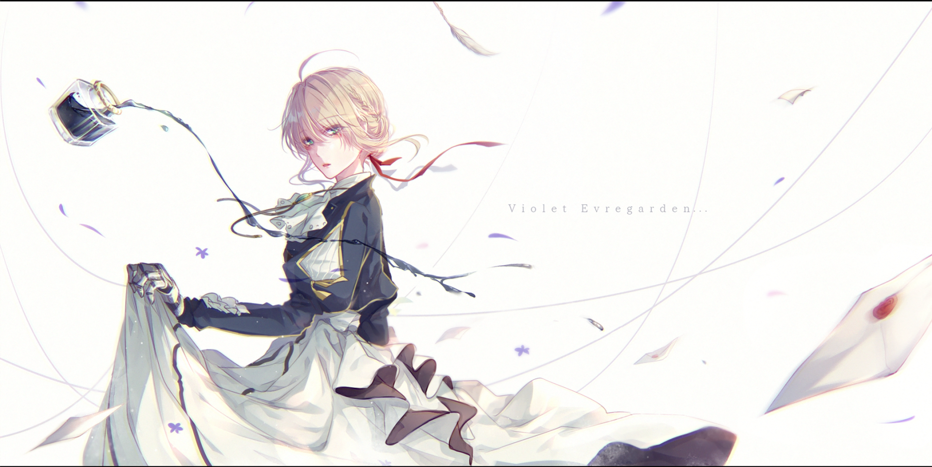Anime-style illustration of Violet Evergarden in a flowing outfit, surrounded by flying letters, capturing the character's graceful and ethereal essence from the Violet Evergarden series.