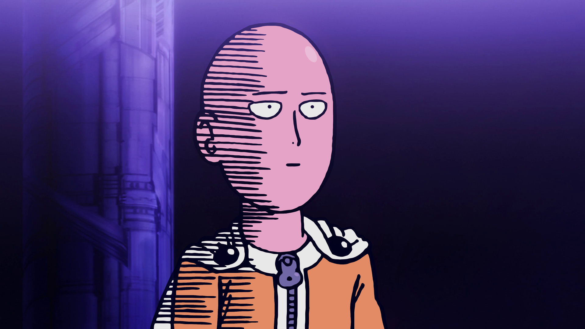 Anime-style image of Saitama, the bald hero from One-Punch Man, with a neutral expression against a dark purple and blue background.