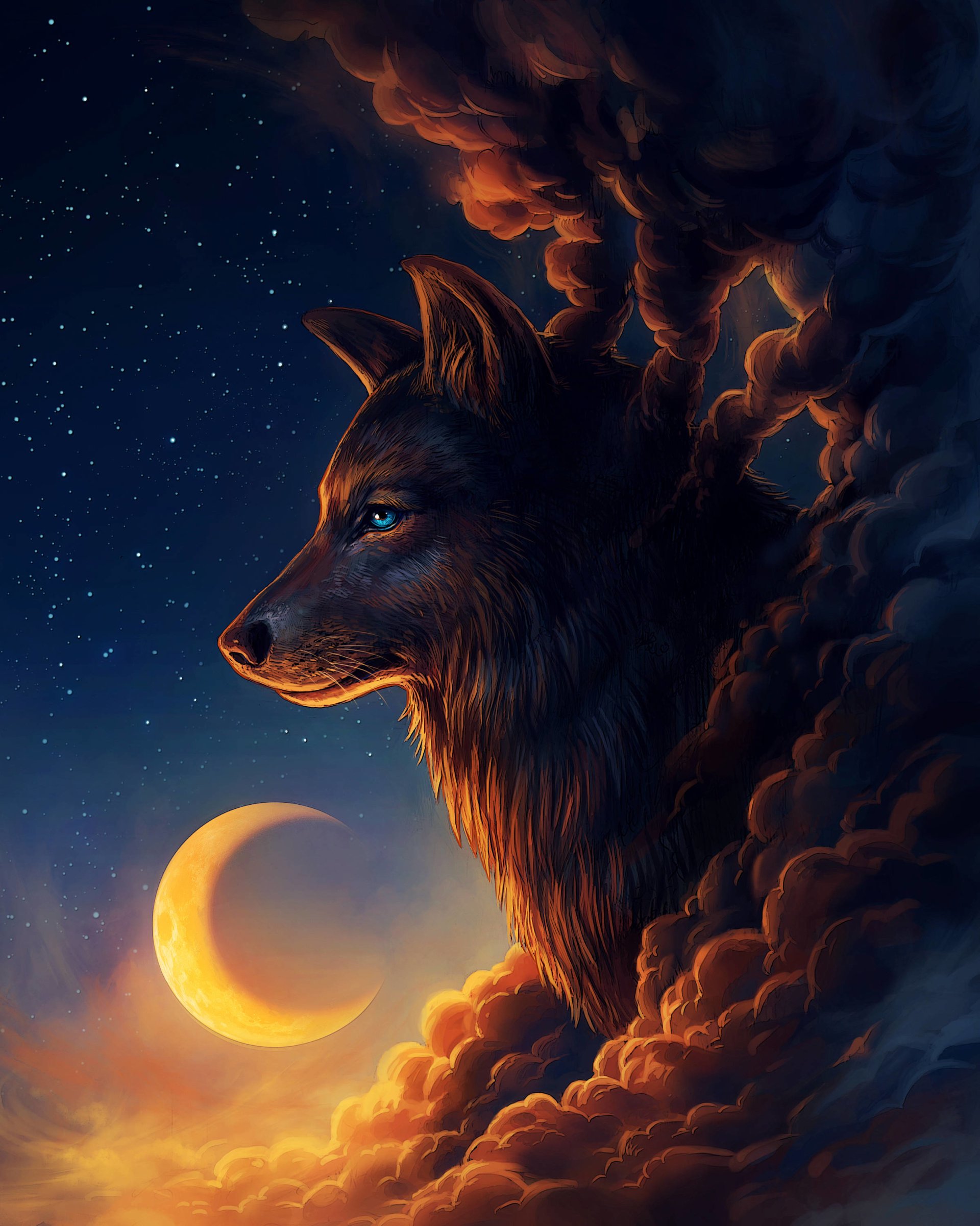 A majestic wolf emerges from swirling clouds against a starry night, illuminated by a crescent moon, evoking a sense of fantasy and mystery.