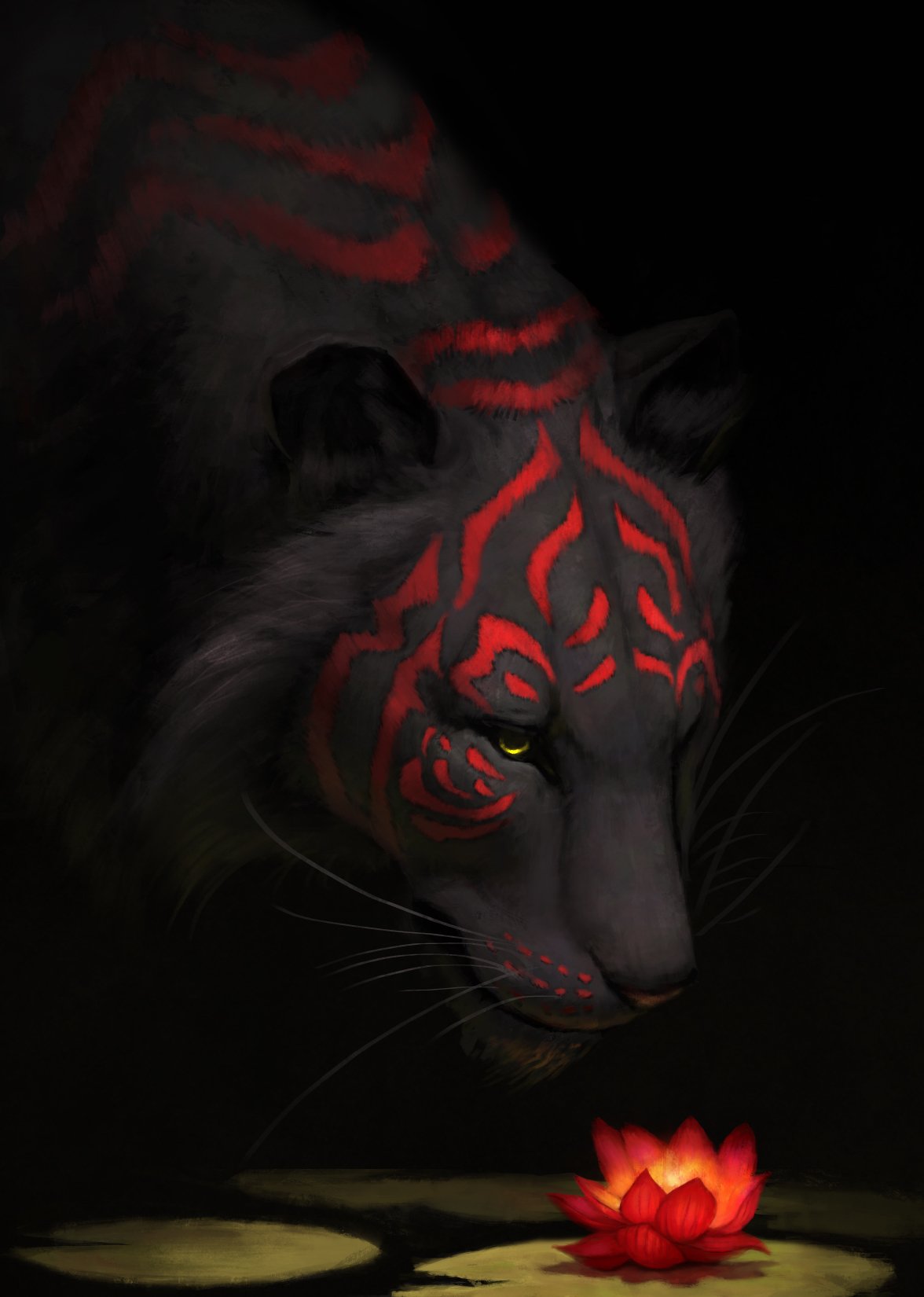 A mystical tiger with glowing red lotus-shaped markings on its dark fur gazes intently at a vibrant red lotus flower floating on water in a fantasy setting.