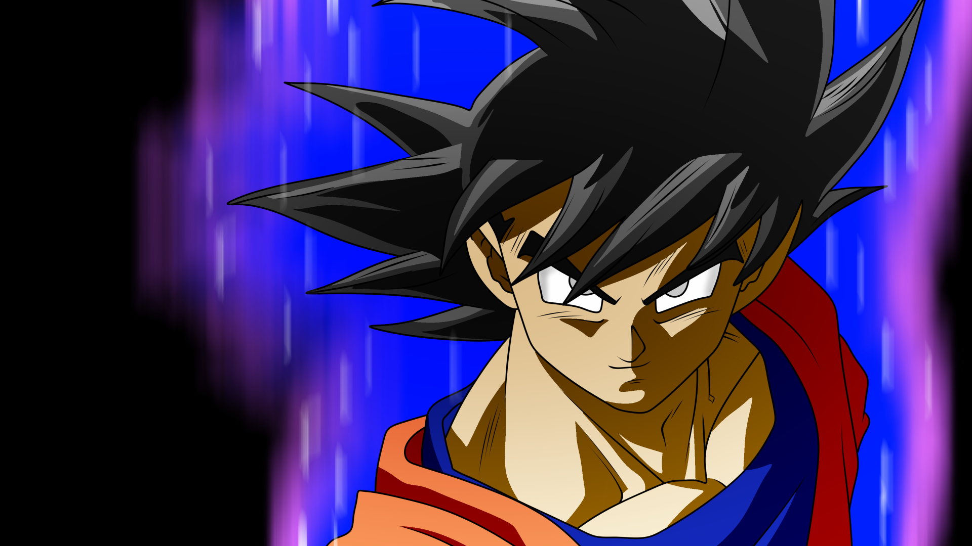 Goku in Ultra Instinct form from Dragon Ball Super, showcasing his iconic spiky hair and intense expression against a dramatic blue background.