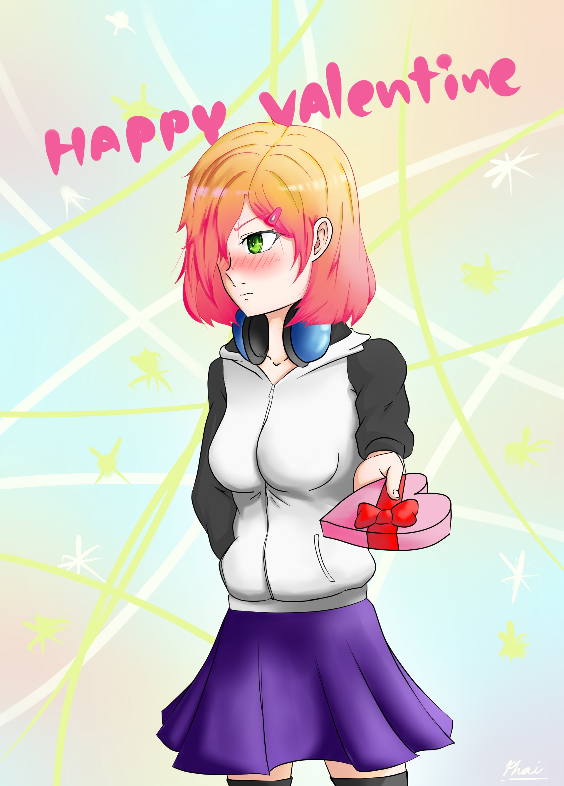 Anime girl with pink and orange hair blushes while holding a heart-shaped Valentine's Day gift, set against a pastel background with Happy Valentine text above.